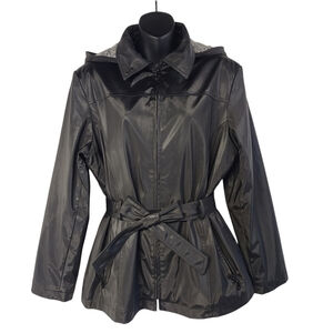 Outbrook Women’s Black Zip Up Lined Removable Hood Belted Jacket Size Missy L